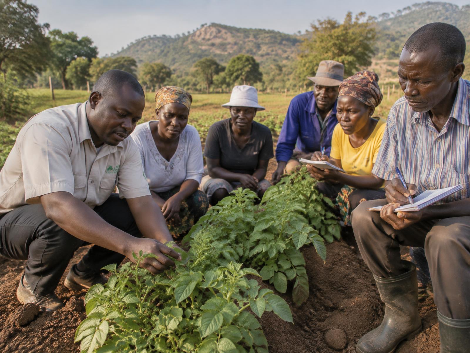 Agronomist inspecting potato plants with a farmer